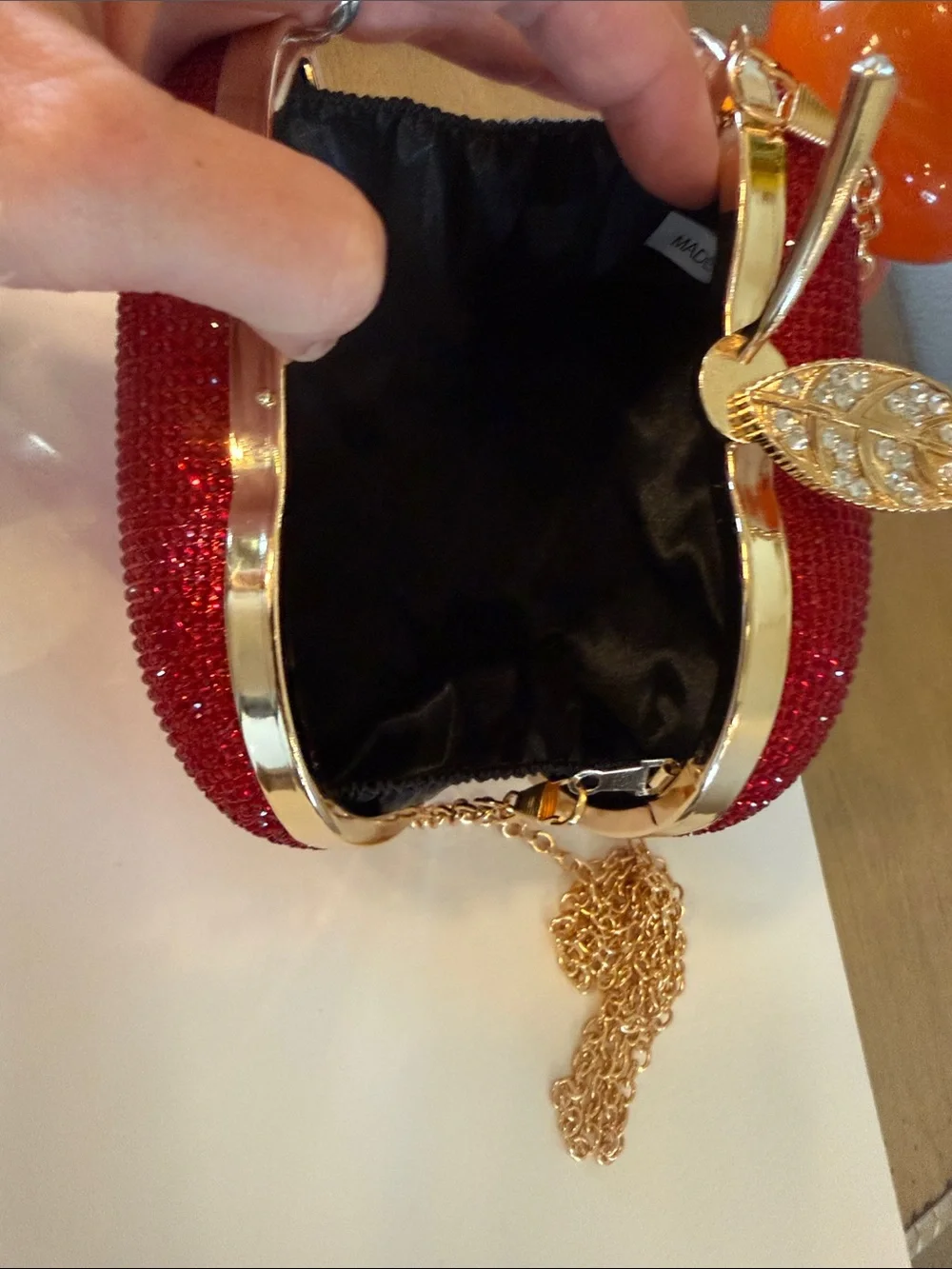 Red Crystal Apple Clutch Bag with Gold Stem